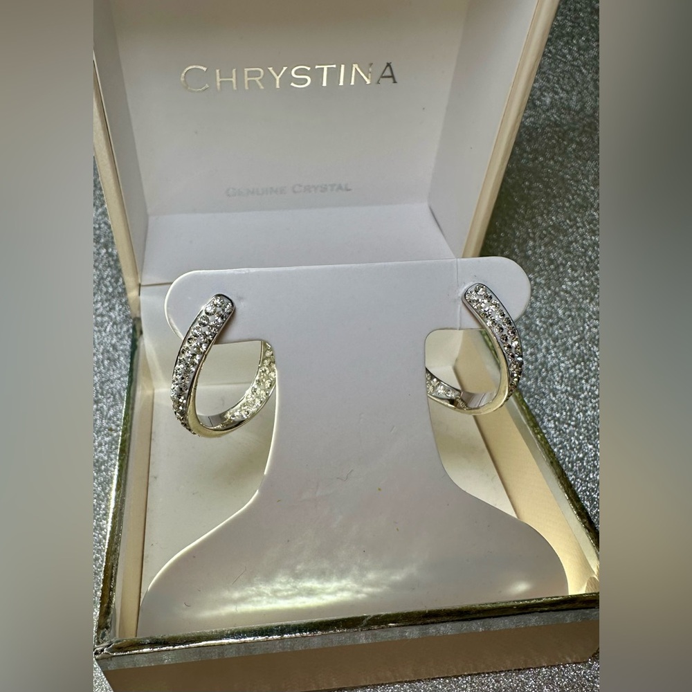 Silver Crystal Twist Hoop Earrings